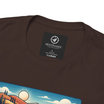 Dark brown T-shirt neck label with small logo and partial colorful graphic