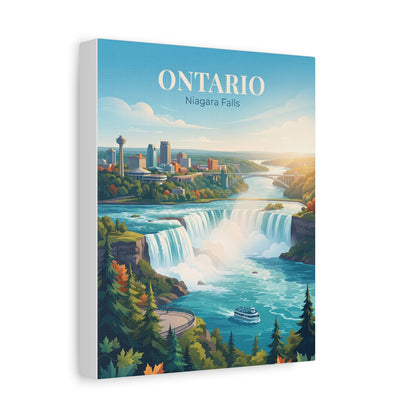 Vertical canvas wall art of Niagara Falls with city skyline, trees, and “Ontario” text