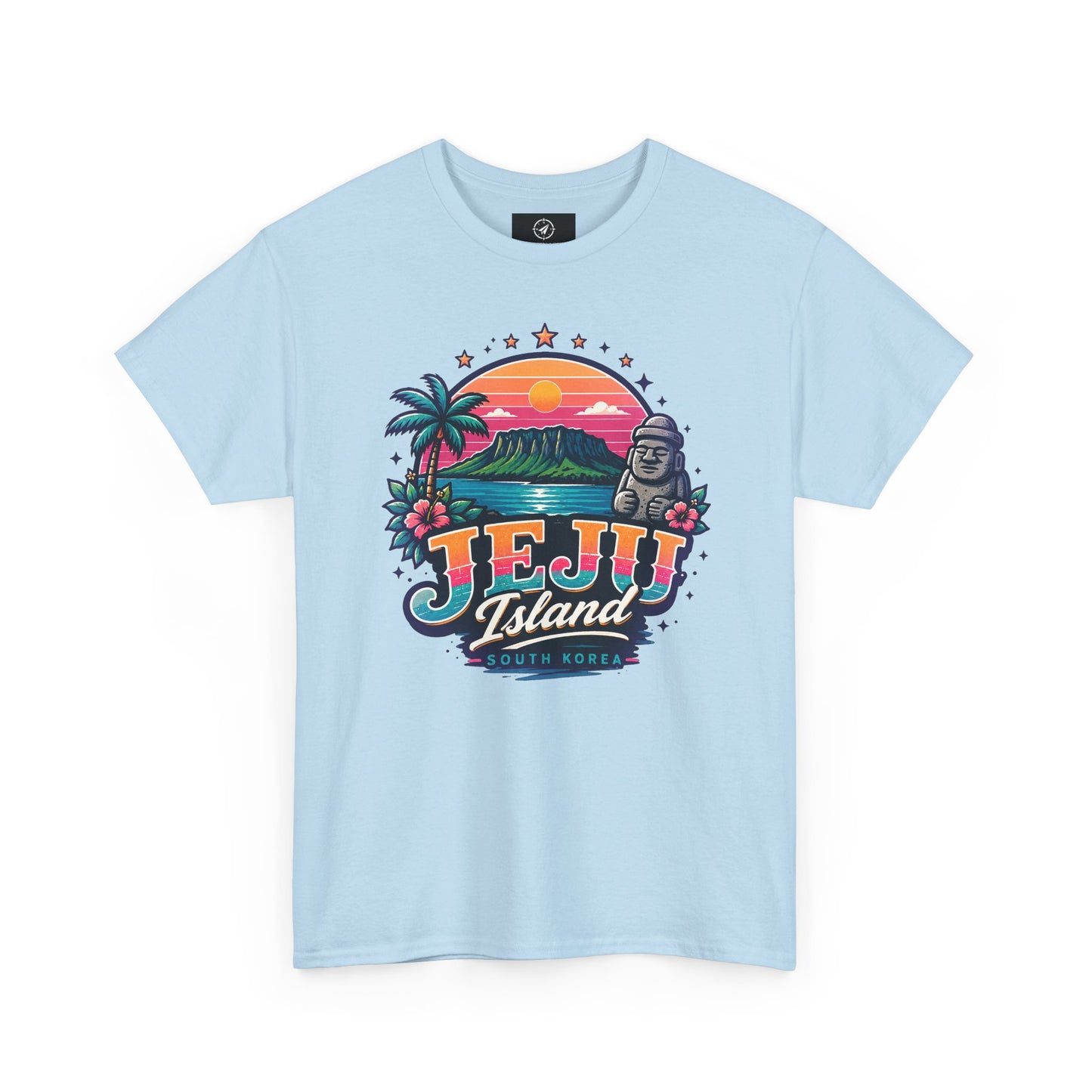 Light blue t-shirt with colorful “JEJU Island” sunset logo and South Korea text graphic