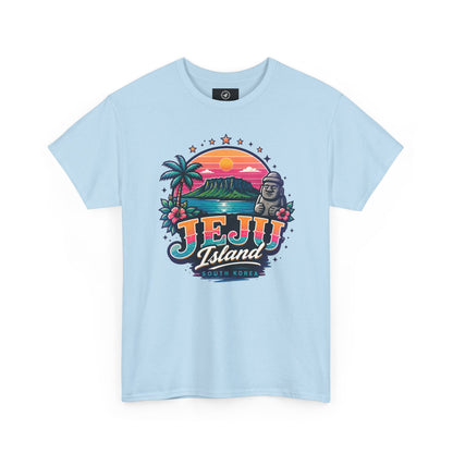 Light blue t-shirt with colorful “JEJU Island” sunset logo and South Korea text graphic