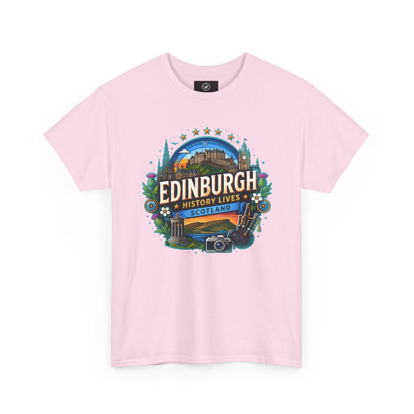 Light pink crew-neck travel T-shirt with colorful Edinburgh graphic on the front