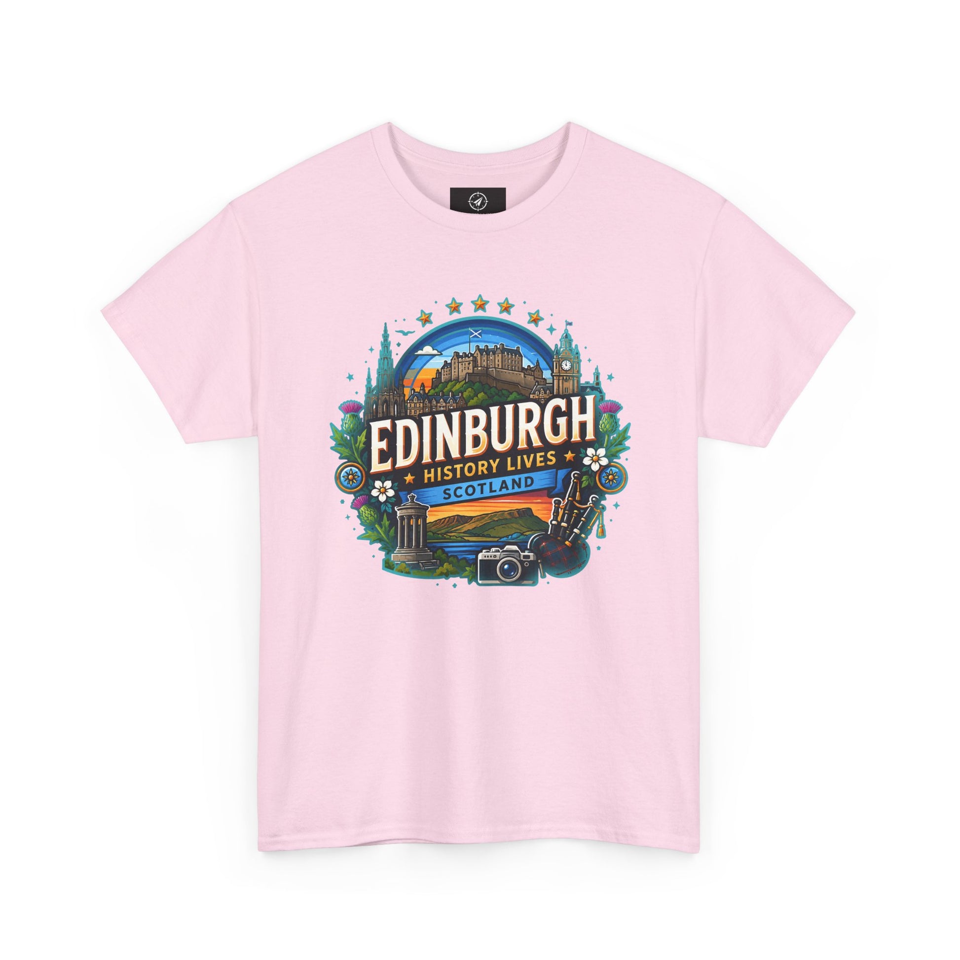 Light pink crew-neck travel T-shirt with colorful Edinburgh graphic on the front