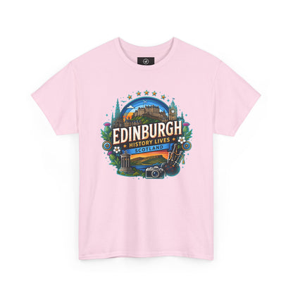 Light pink crew-neck travel T-shirt with colorful Edinburgh graphic on the front