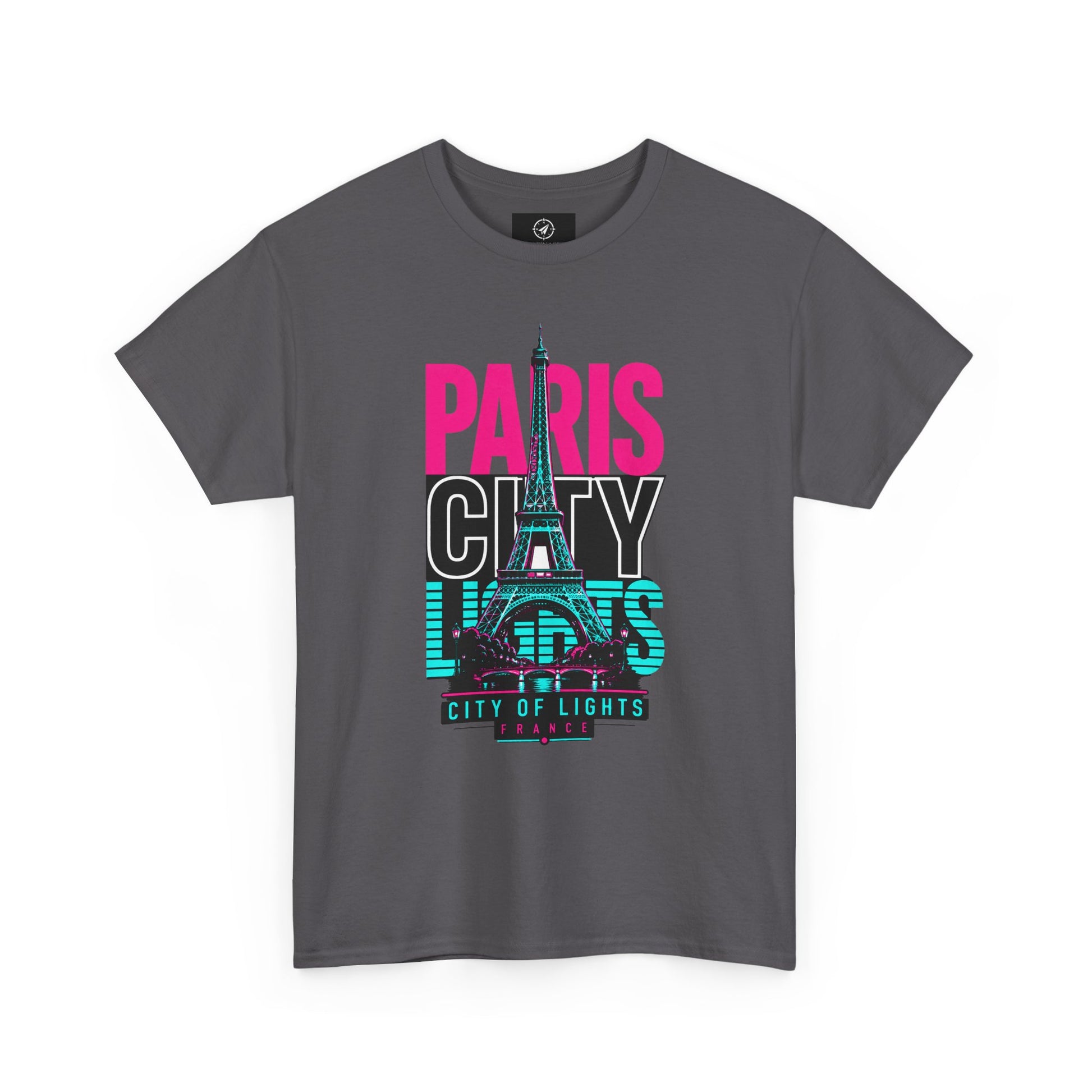 Charcoal gray T-shirt with neon Eiffel Tower graphic and 'PARIS CITY LIGHTS' print