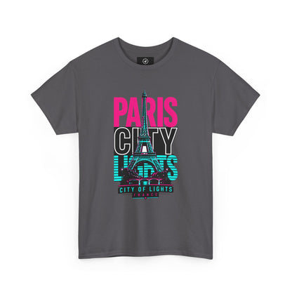 Charcoal gray T-shirt with neon Eiffel Tower graphic and 'PARIS CITY LIGHTS' print