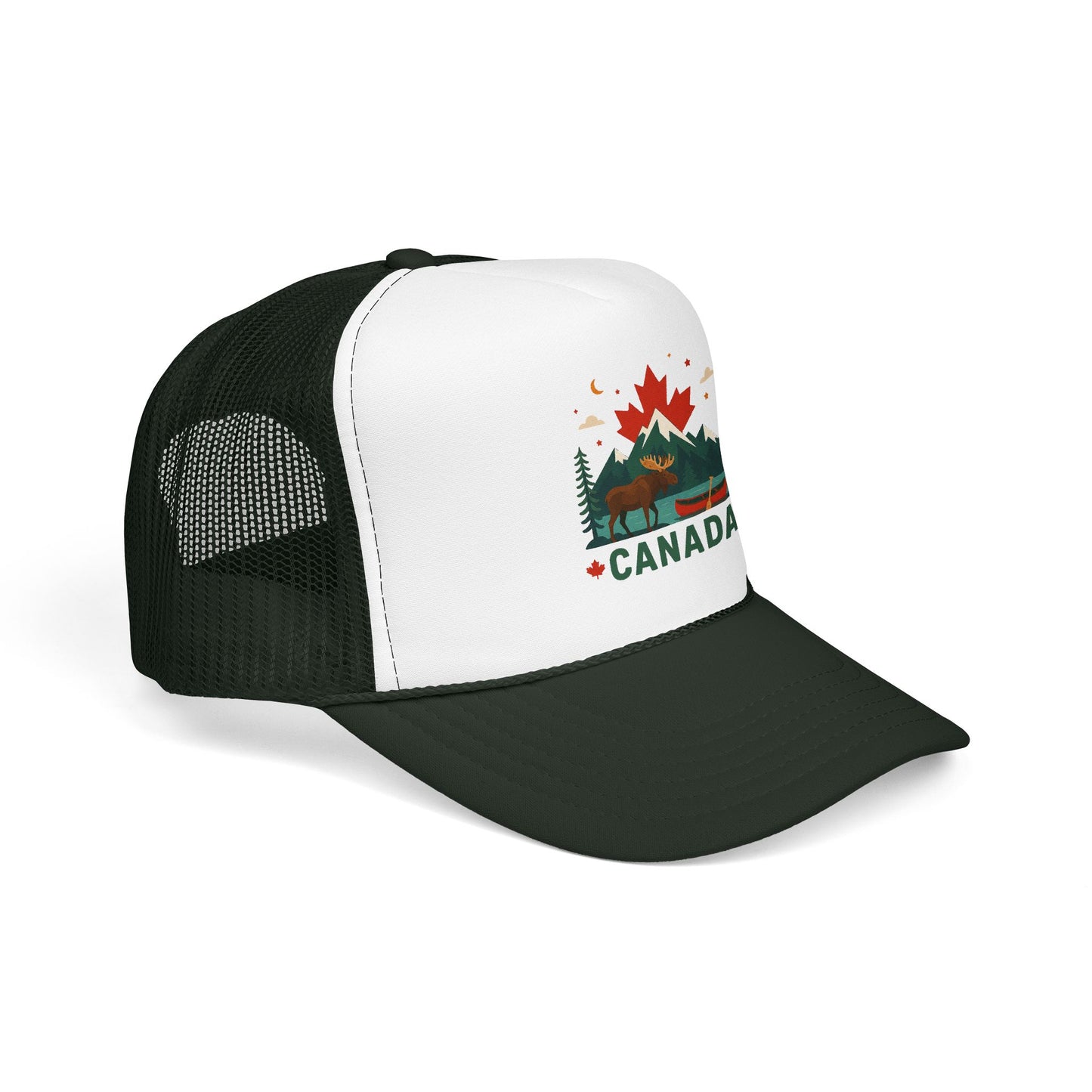 Dark green and white trucker hat with mesh back panels and Canada graphic front