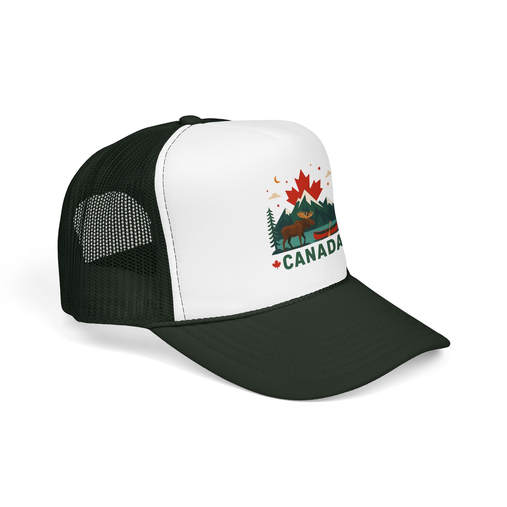 Dark green and white trucker hat with mesh back panels and Canada graphic front