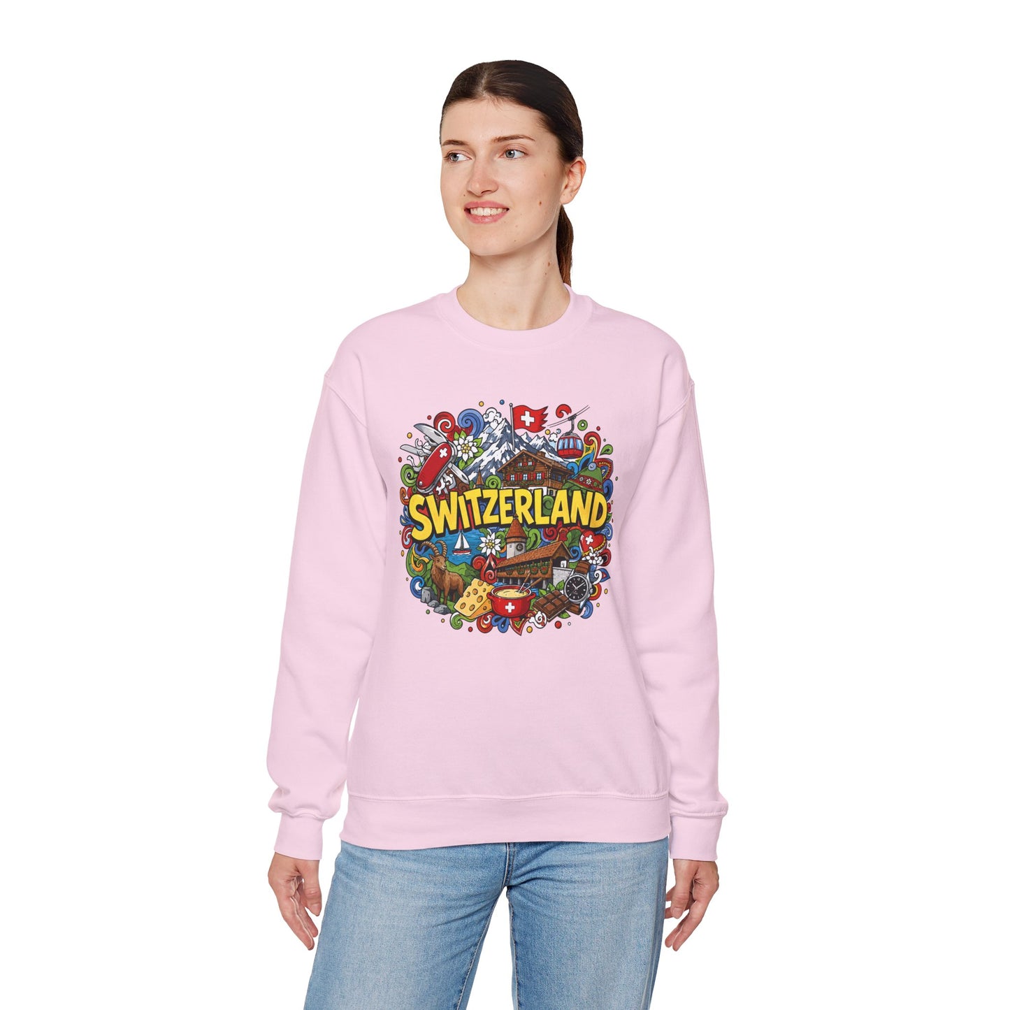 Light pink sweatshirt with colorful Switzerland graphic print across the chest