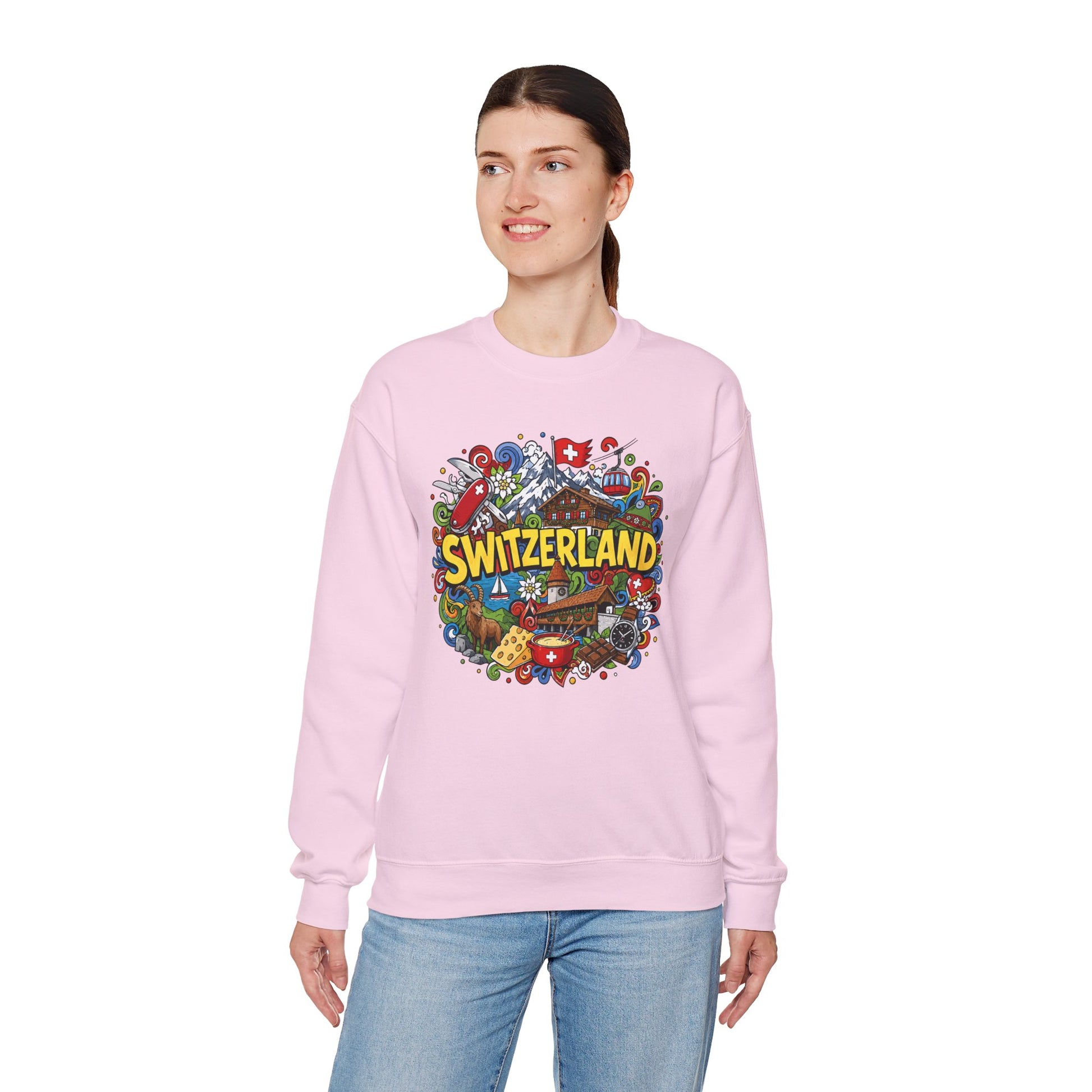 Light pink sweatshirt with colorful Switzerland graphic print across the chest