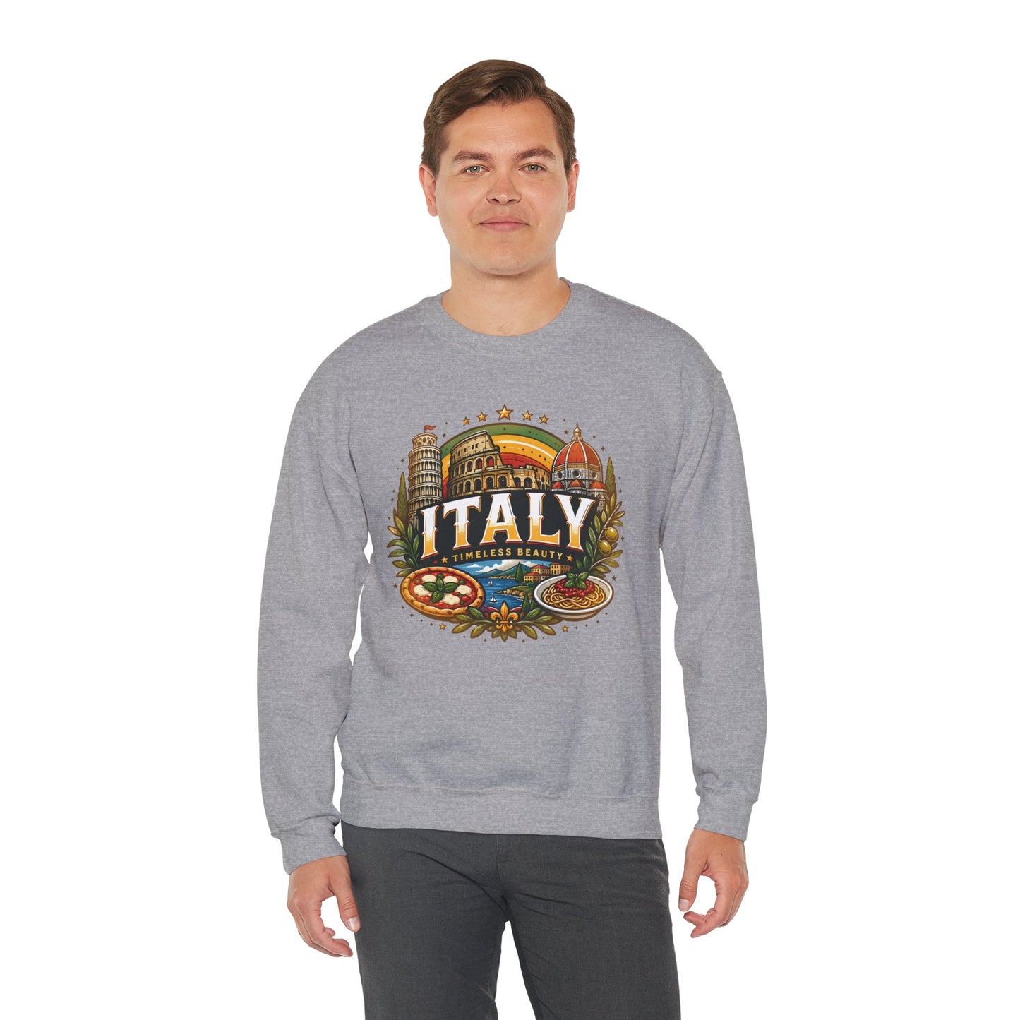Sport grey crewneck sweatshirt with Italy emblem graphic, worn by model
