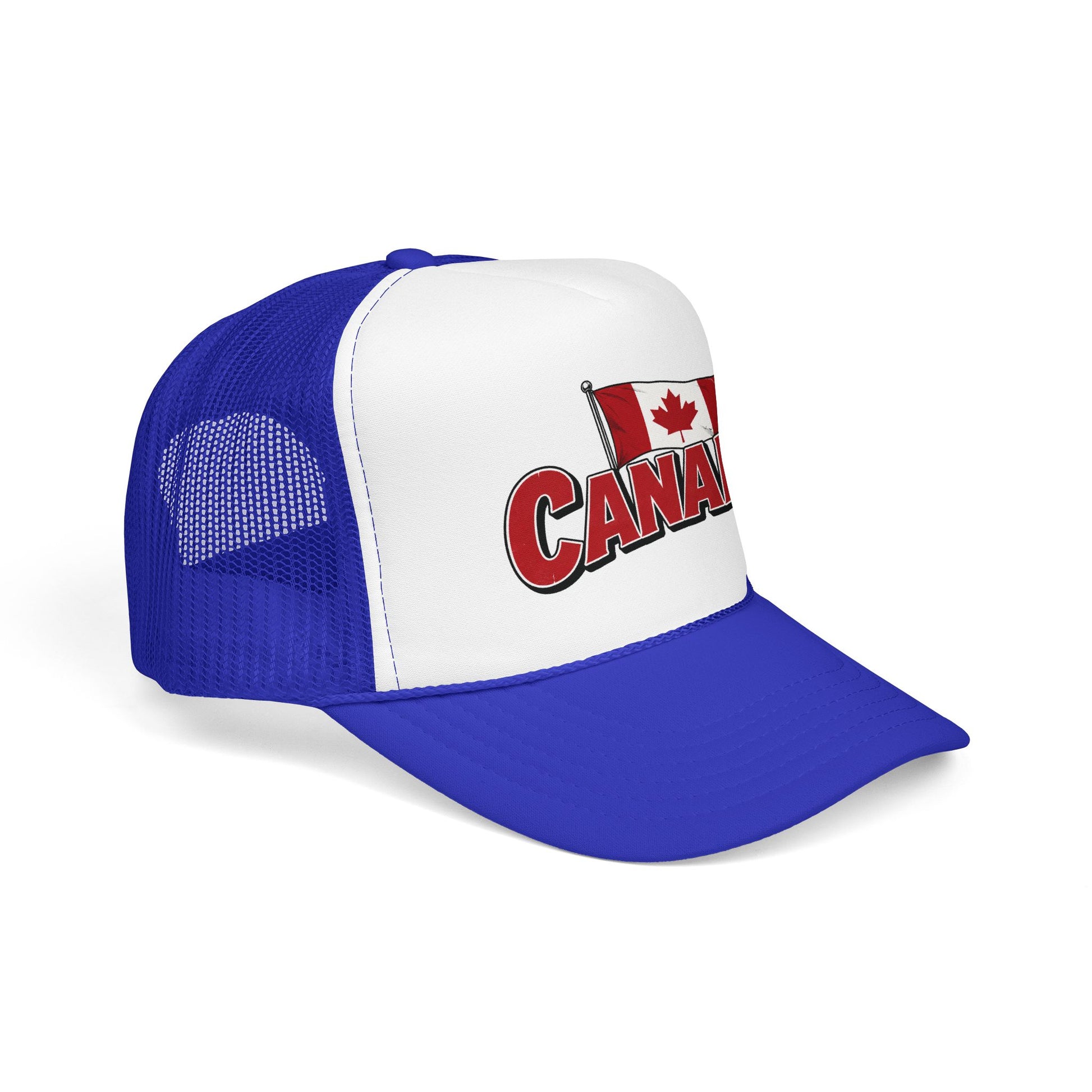 Blue and white trucker hat with Canada flag logo patch on front