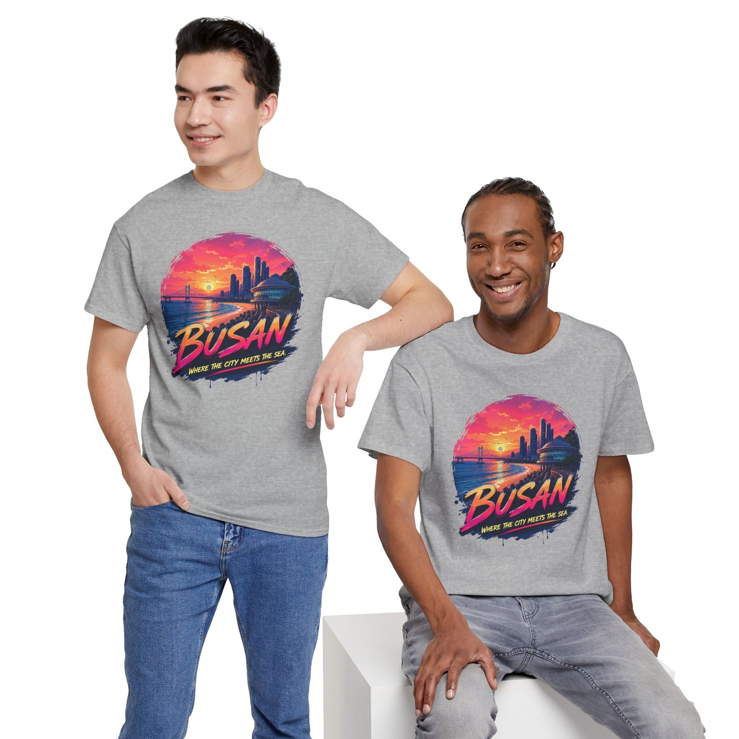 Heather gray crewneck t-shirt with Busan sunset graphic, casual fit on models.