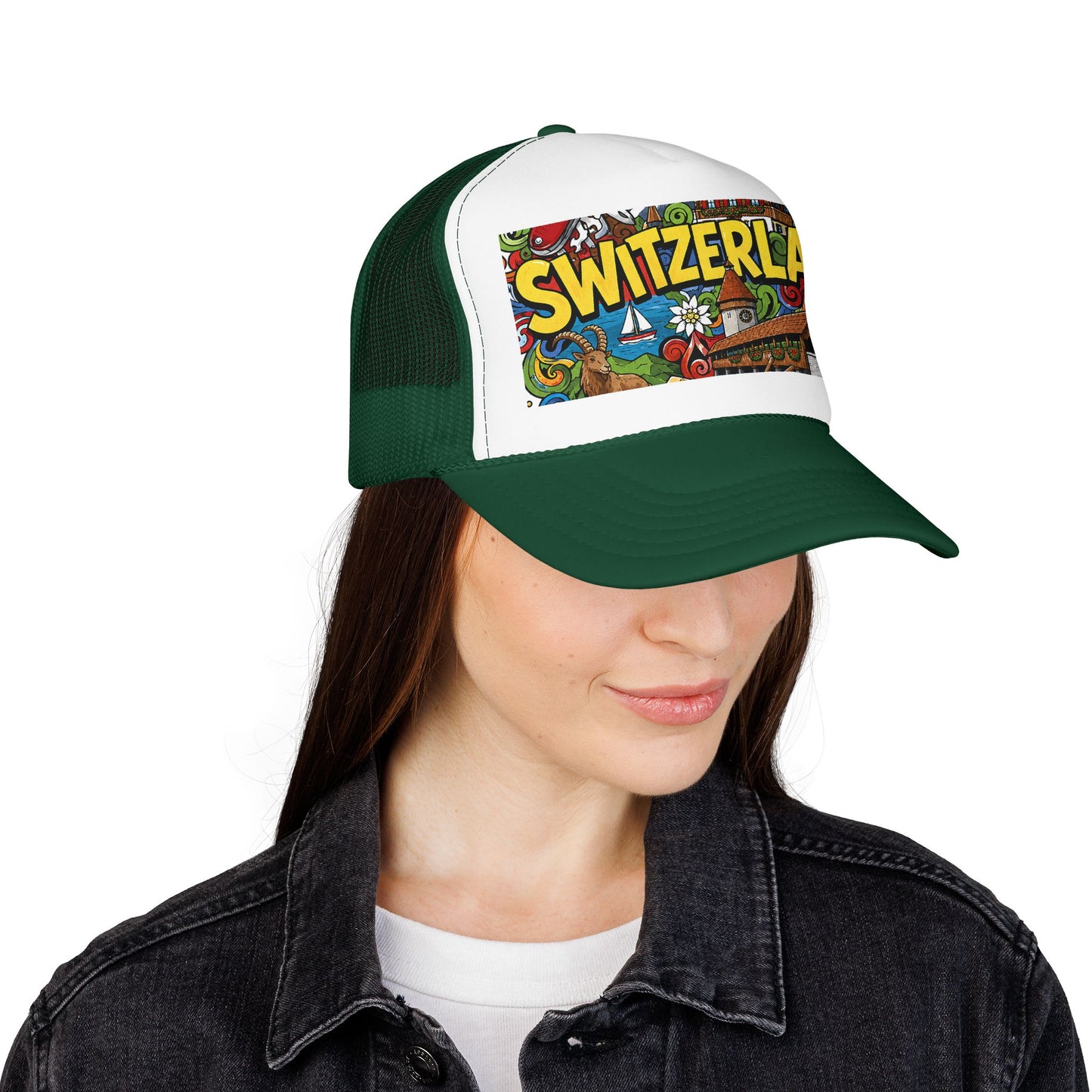 Dark green and white trucker hat with colorful Switzerland graphic patch and curved brim.