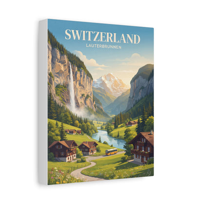 Canvas wall art of Switzerland alpine valley with mountains, river, village homes, and train