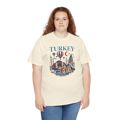 Natural crew-neck T-shirt with Turkey hot air balloon skyline graphic on model