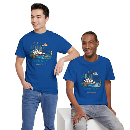 Royal blue crew-neck T-shirt with colorful Sydney Australia cityscape graphic front