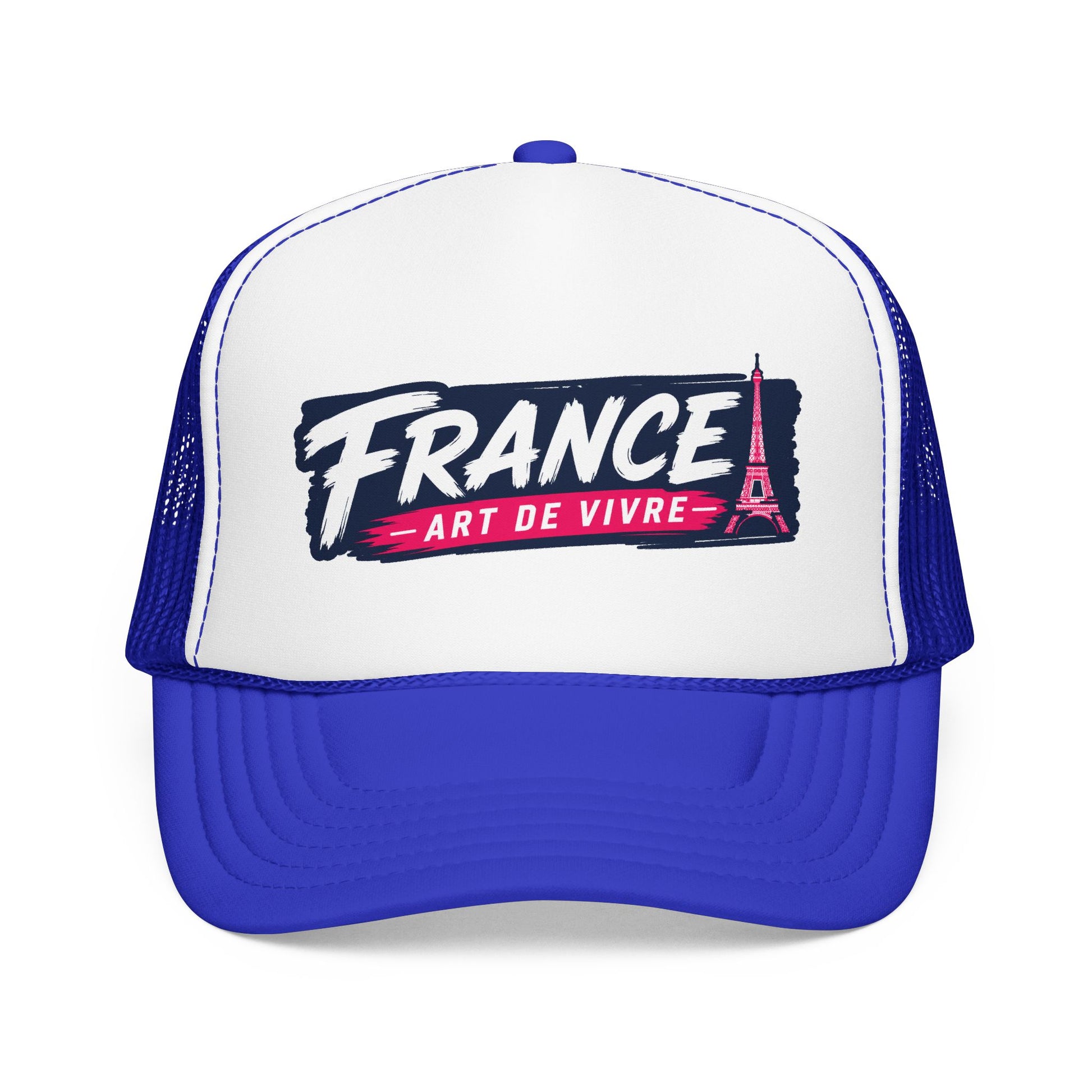 Blue and white trucker hat with mesh sides and “FRANCE Art de Vivre” front print