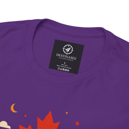 Purple T-shirt close-up of crew neck tag with partial maple graphic below