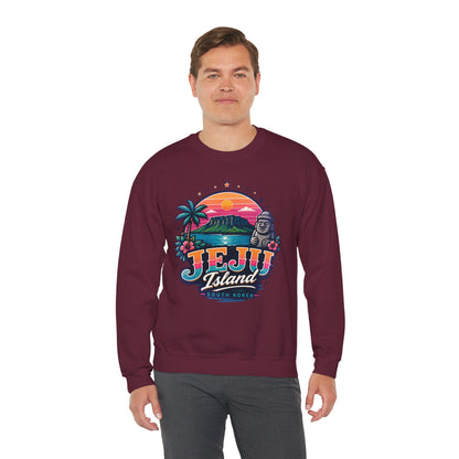 Maroon crewneck sweatshirt with large Jeju Island South Korea graphic