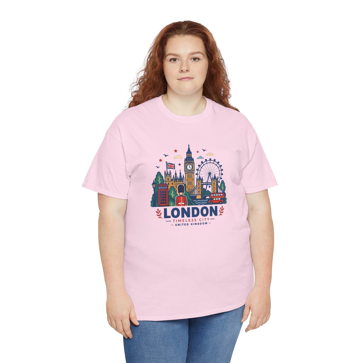 Light pink t-shirt on model with colorful London skyline graphic