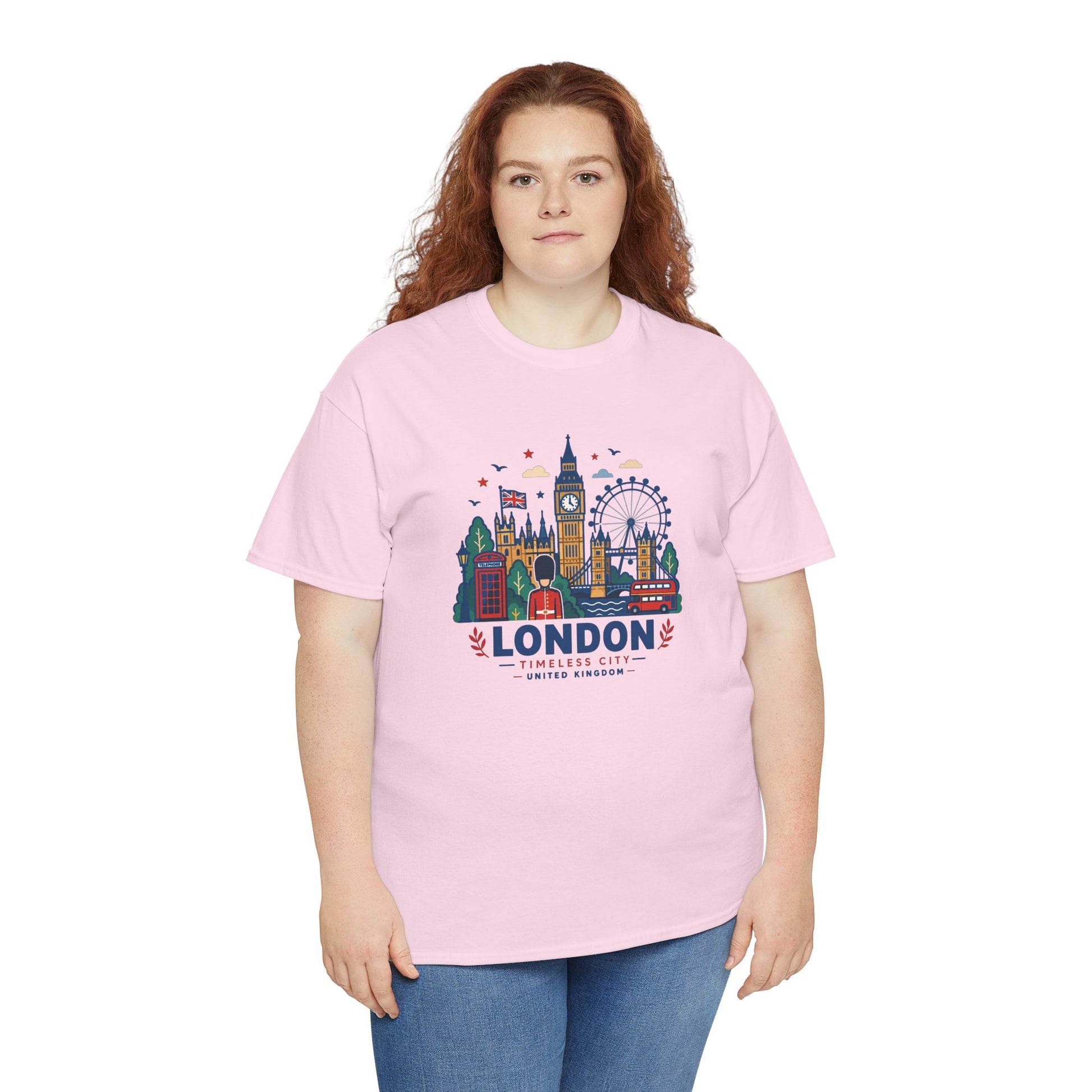 Light pink t-shirt on model with colorful London skyline graphic