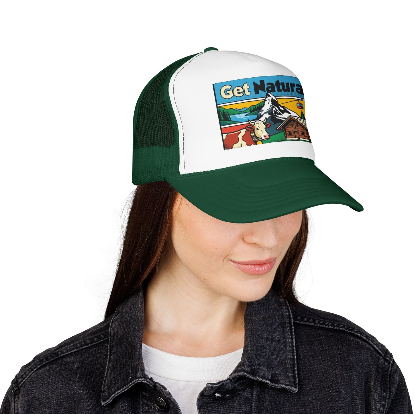 Green and white trucker hat with front logo patch and curved brim on model