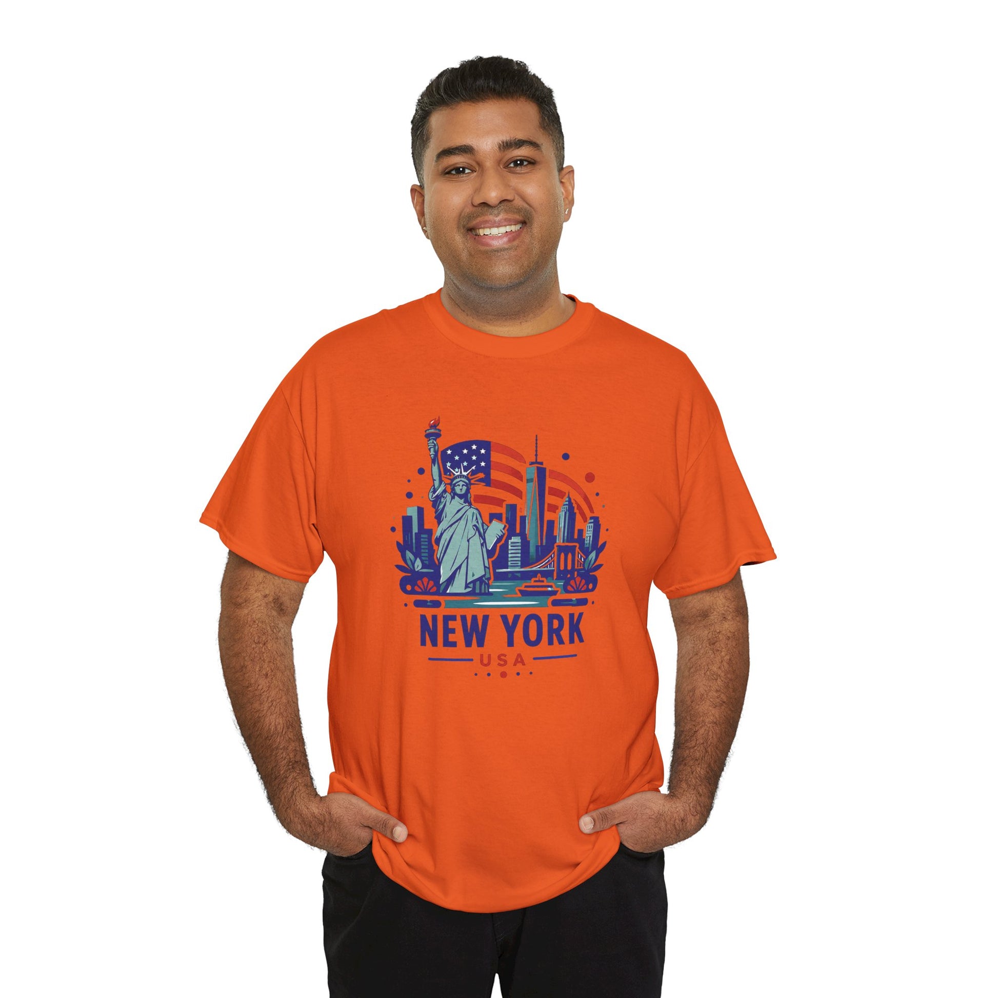 Orange crewneck T-shirt with Statue of Liberty New York USA front graphic