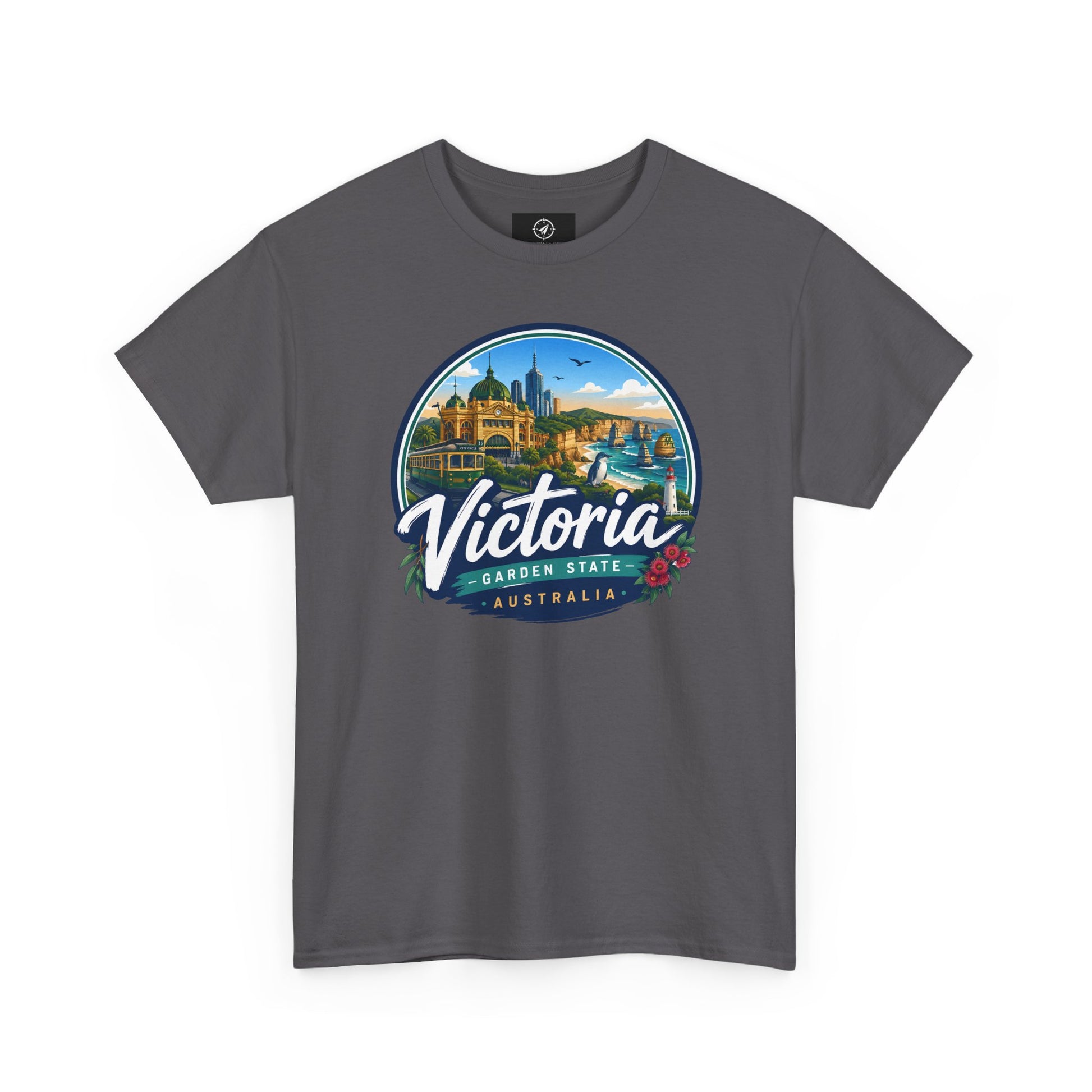 Charcoal gray crew-neck travel t-shirt with circular Victoria landmark graphic print