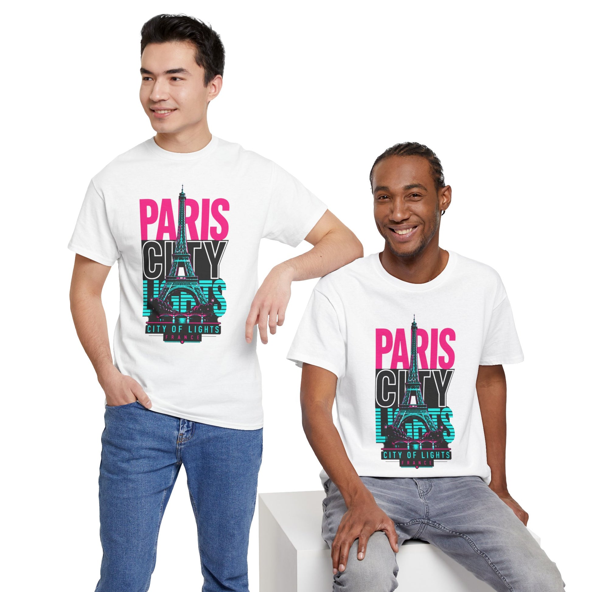 White Paris neon city travel T-shirt with Eiffel Tower graphic on models