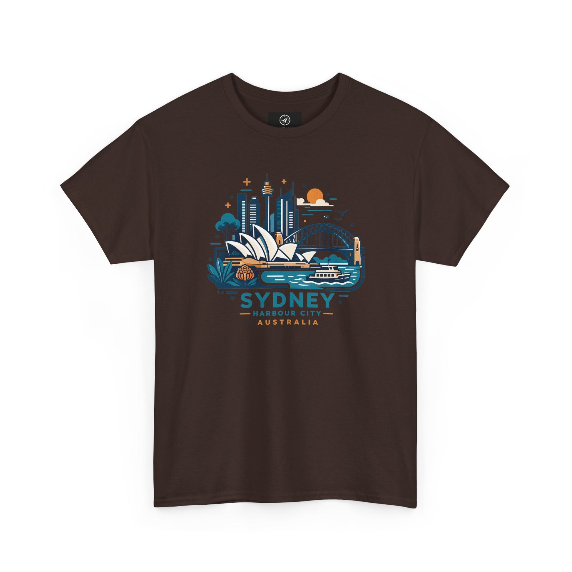 Dark brown Sydney harbor city graphic T-shirt, short-sleeve crew neck