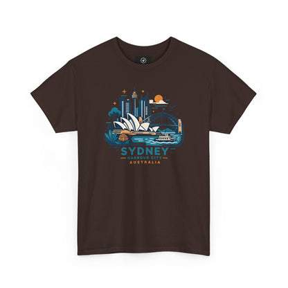 Dark brown Sydney harbor city graphic T-shirt, short-sleeve crew neck
