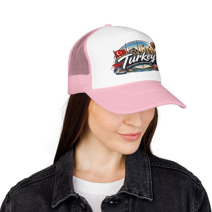 Pink and white trucker cap with mesh side panels, curved brim, and front Turkey logo