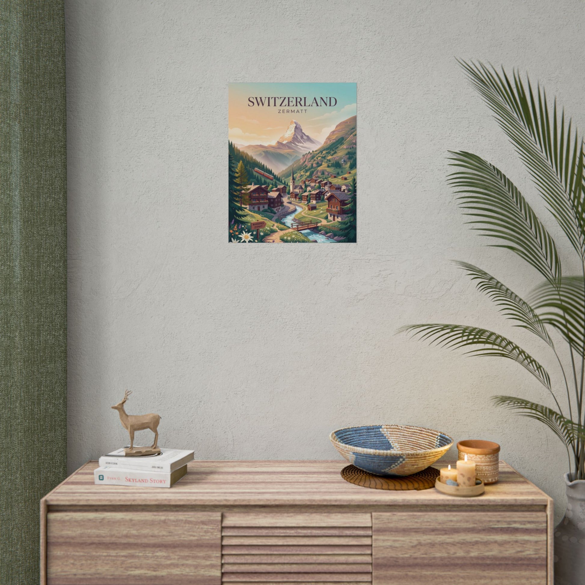 Small Switzerland Zermatt vintage poster on wall, alpine village and mountain peaks