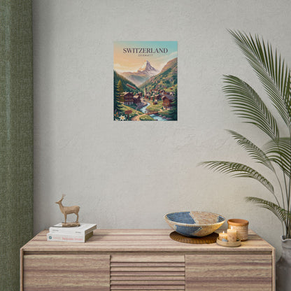 Small Switzerland Zermatt vintage poster on wall, alpine village and mountain peaks