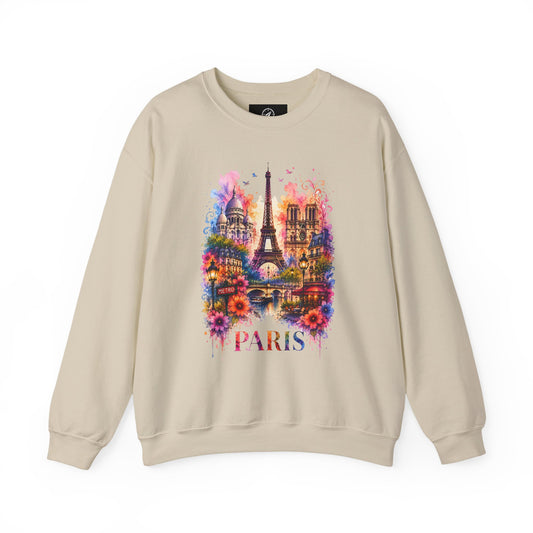 Cream sweatshirt with colorful Paris Eiffel Tower watercolor graphic on front