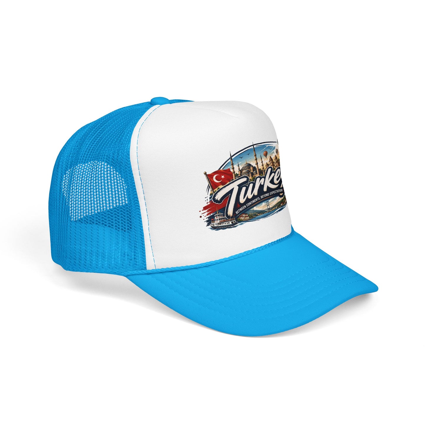 Blue-and-white trucker cap with mesh side panels and front Turkey graphic patch