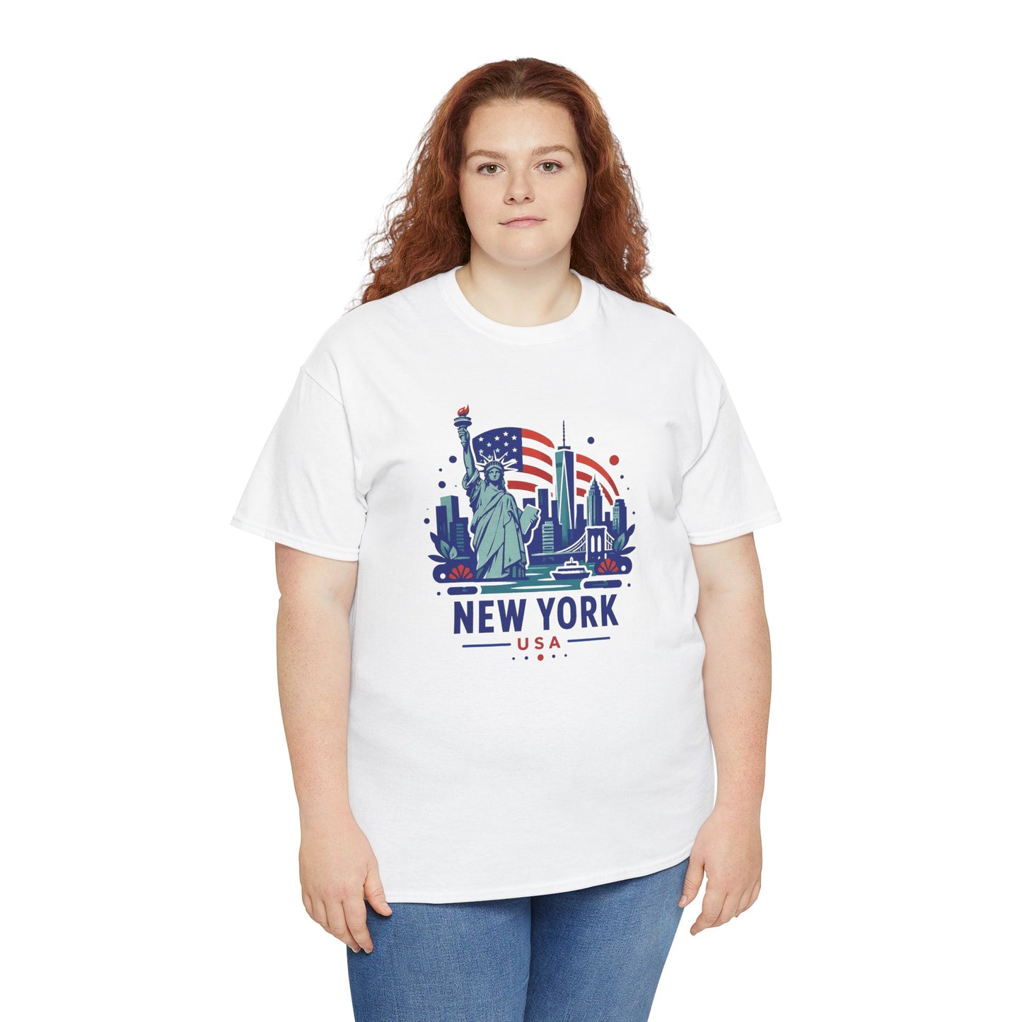 White T-shirt with colorful Statue of Liberty and skyline graphic on front
