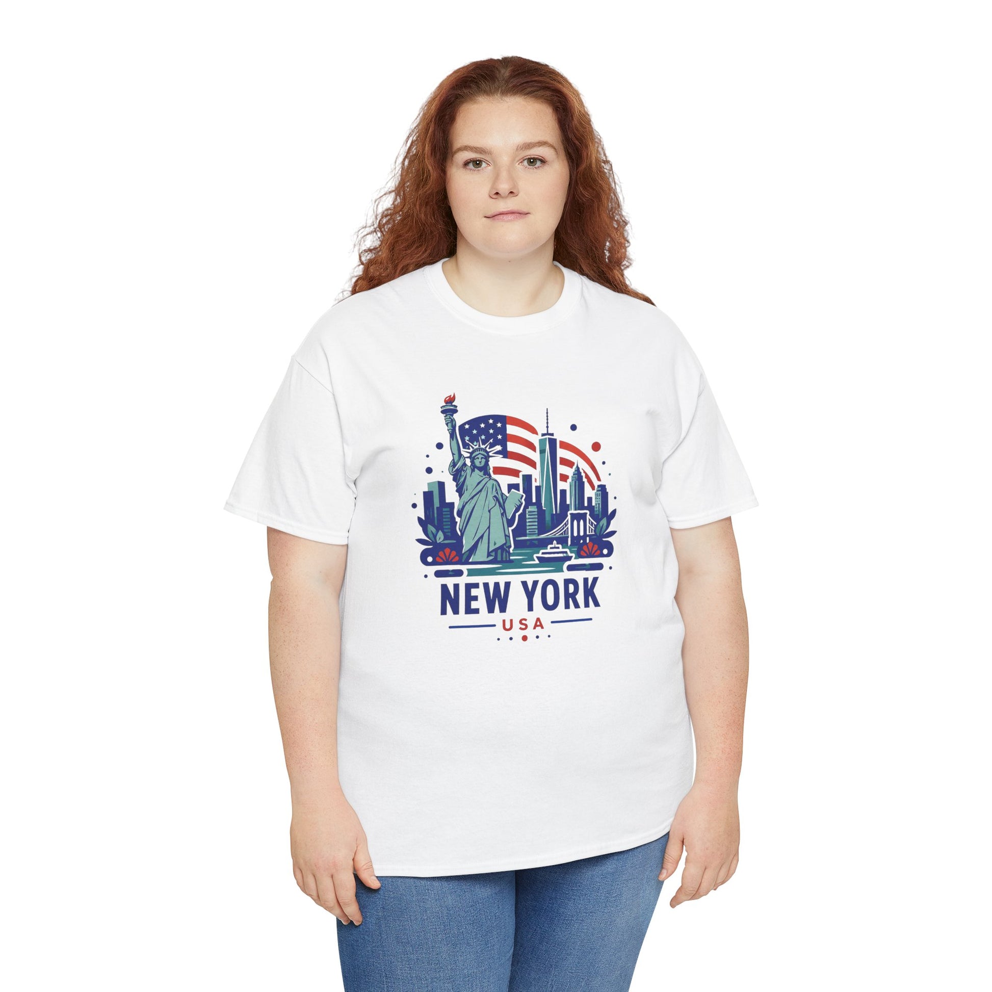 White T-shirt with colorful Statue of Liberty and skyline graphic on front