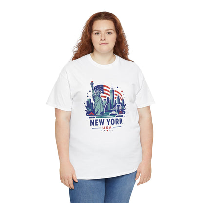 White T-shirt with colorful Statue of Liberty and skyline graphic on front