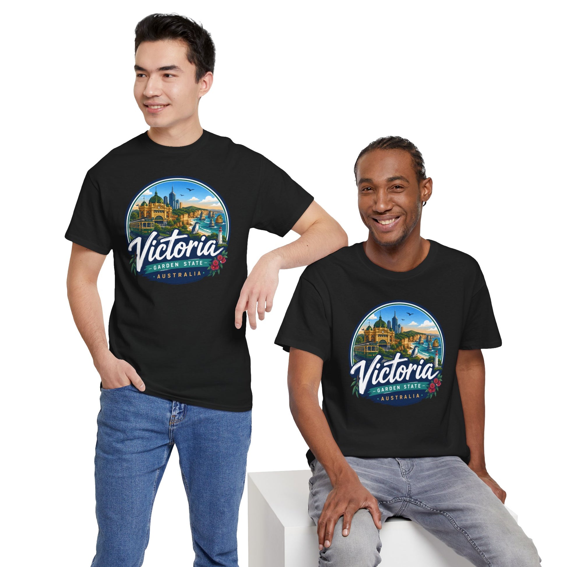 Black crew-neck travel T-shirt with round Victoria graphic print on chest