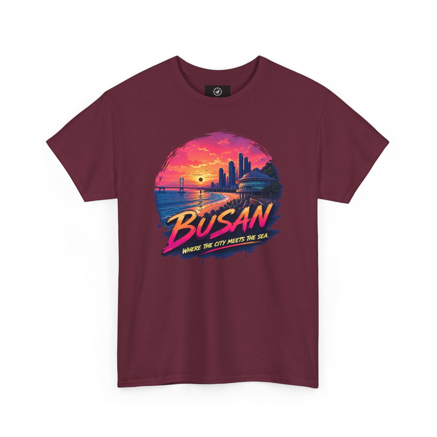 Maroon crew-neck T-shirt featuring a “Busan” seaside sunset graphic circle on front.