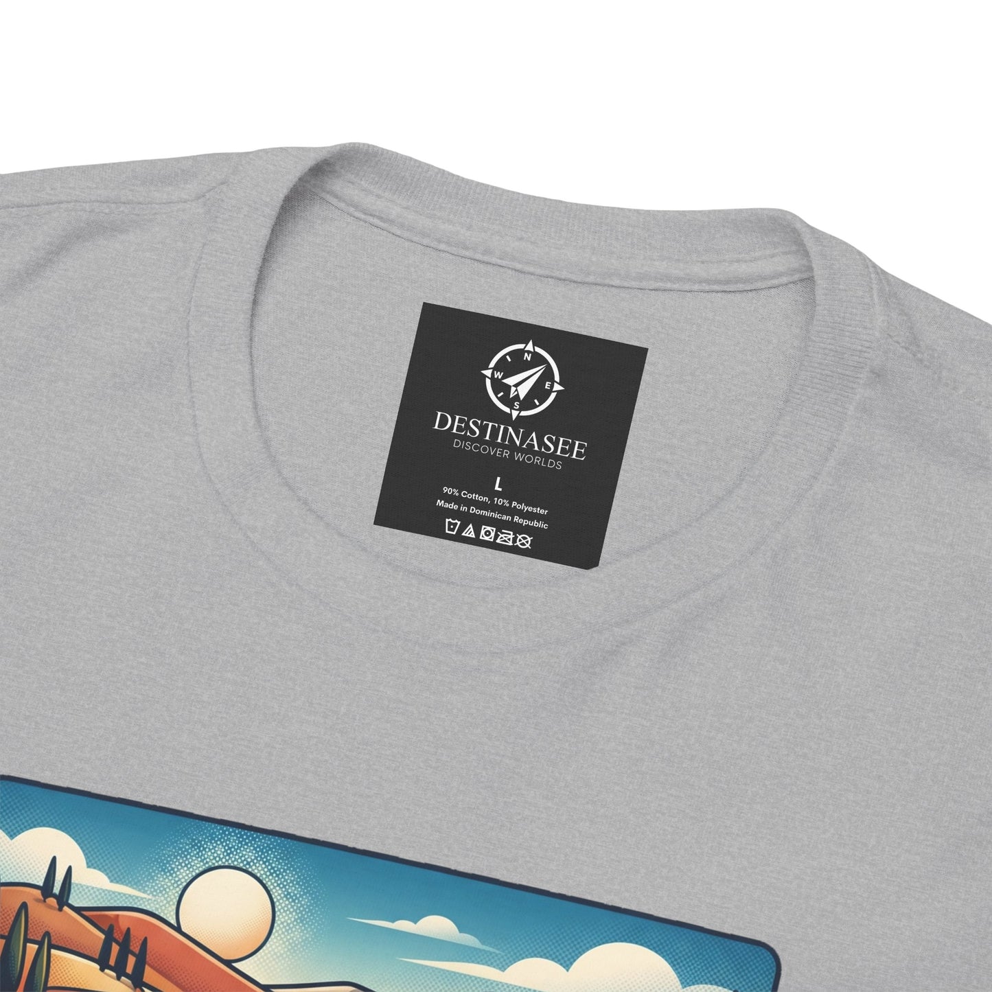Light gray t-shirt neck label close-up with partial Italy graphic underneath