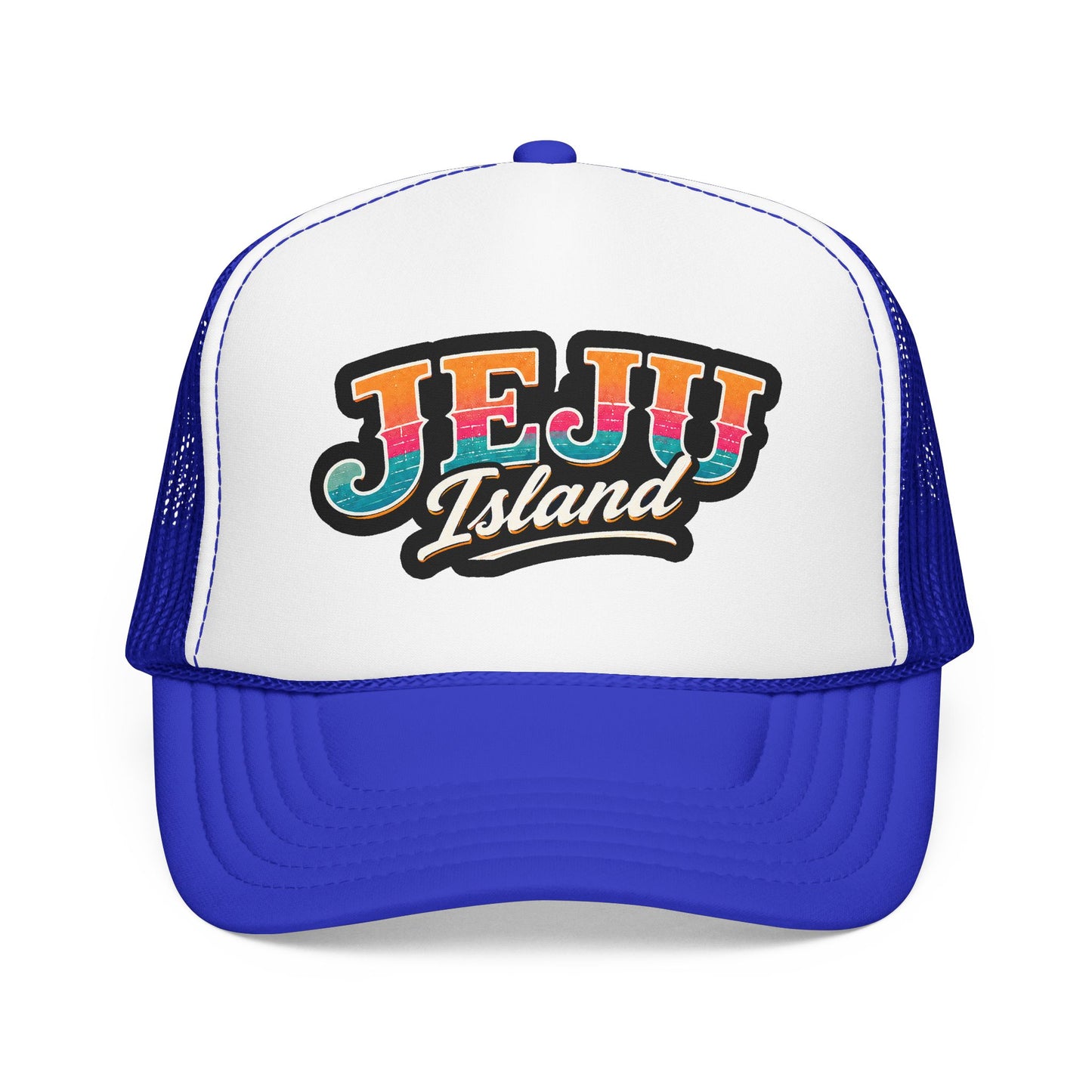 White and royal blue foam trucker hat with front “JEJU Island” logo patch