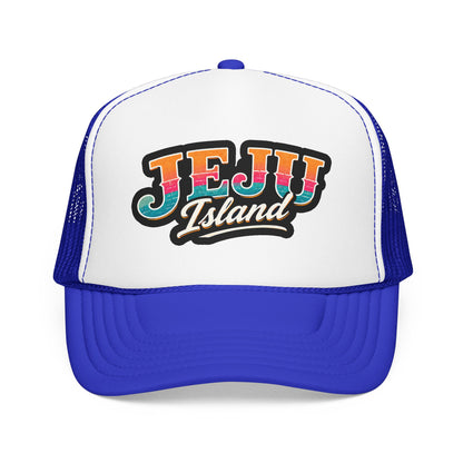 White and royal blue foam trucker hat with front “JEJU Island” logo patch