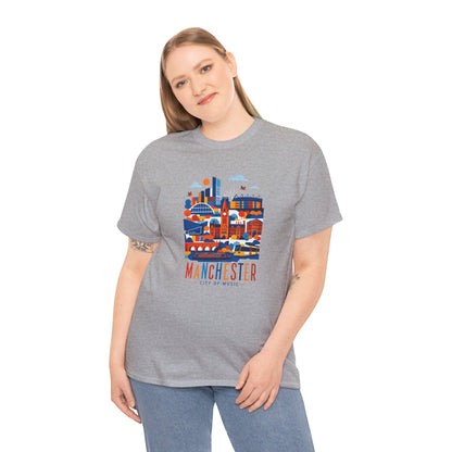 Light gray t-shirt featuring multicolor Manchester skyline graphic at chest