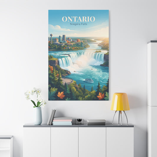 Vertical canvas wall art with Niagara Falls landscape, city skyline, and “Ontario” title