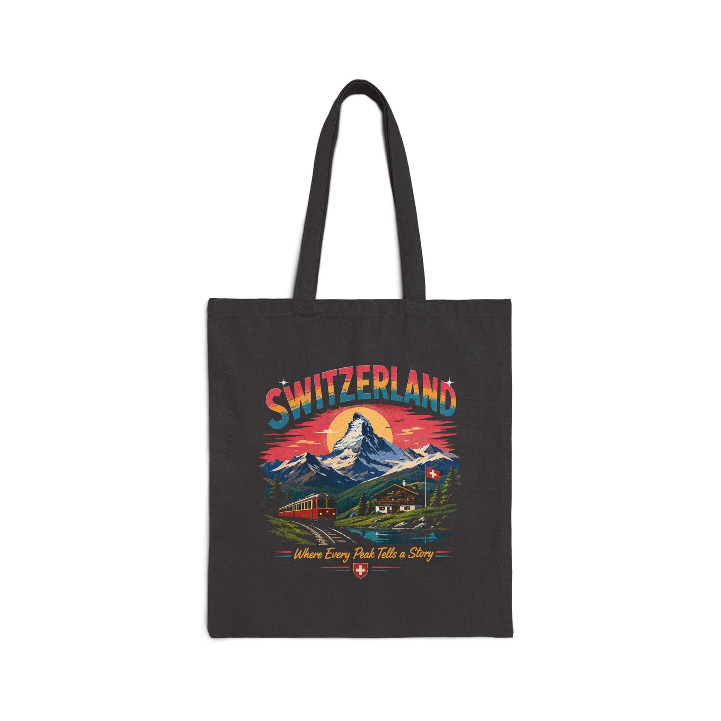 Black canvas tote bag with Switzerland graphic and long top handles.