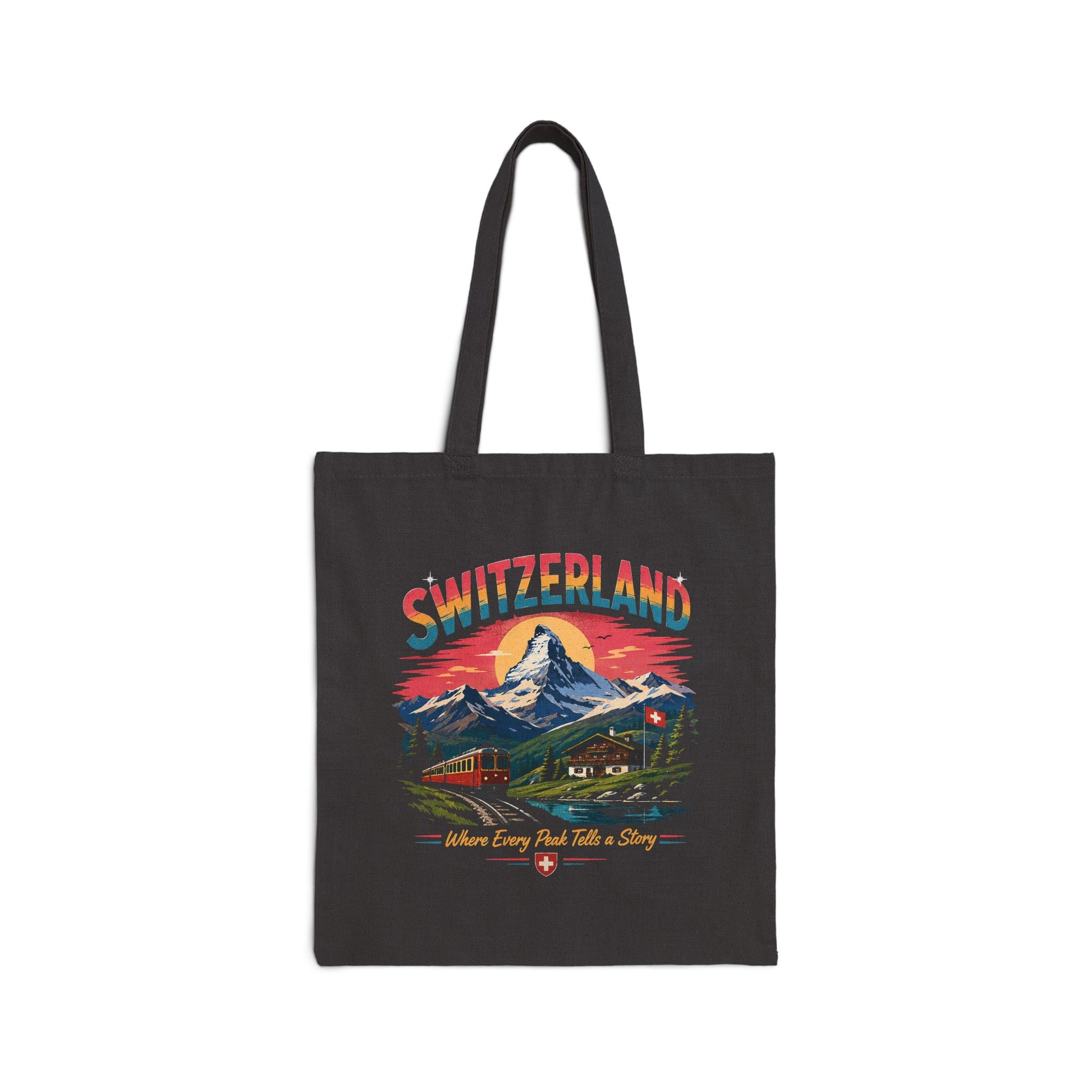 Black canvas tote bag with Switzerland graphic and long top handles.