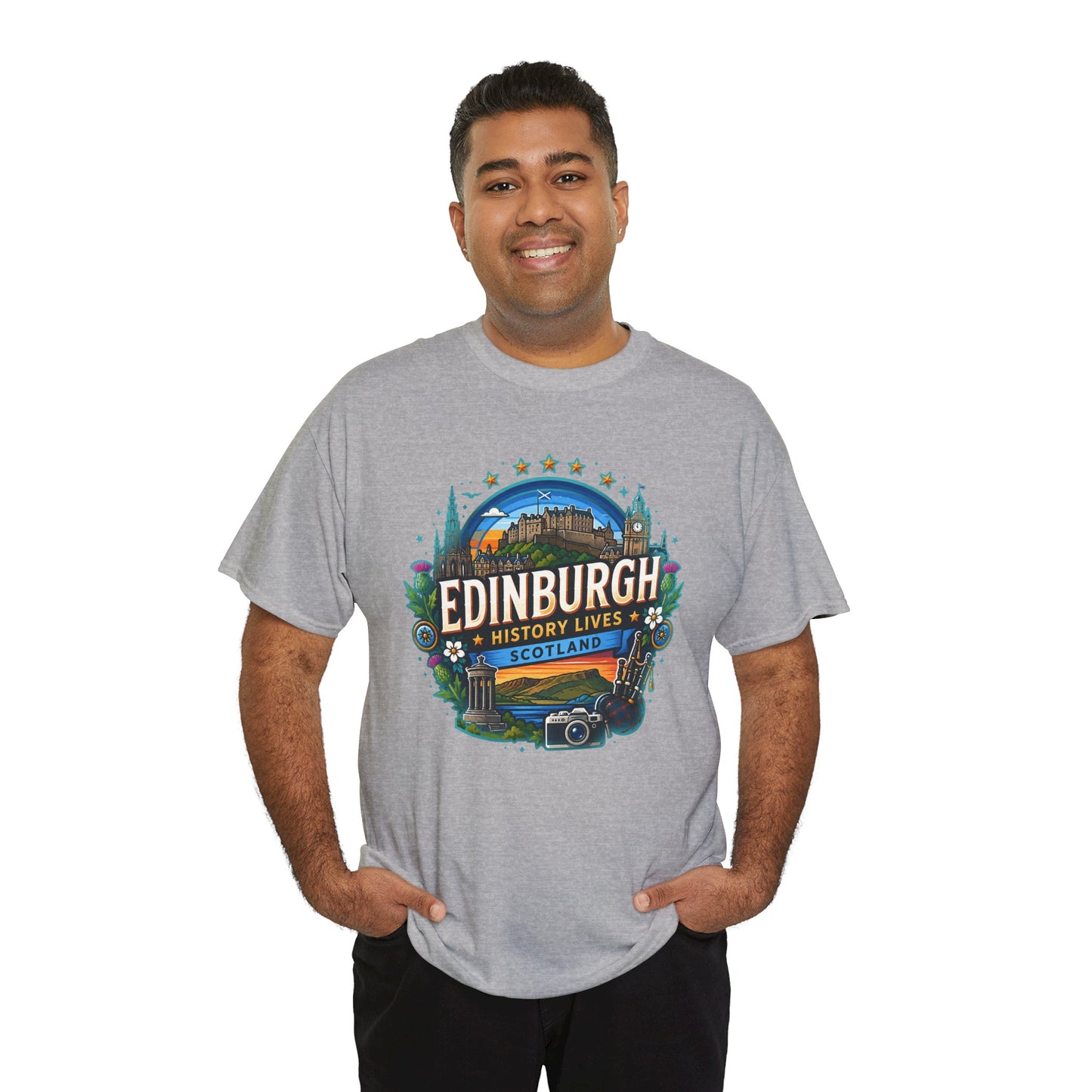 Heather gray crew-neck T-shirt with Edinburgh history lives crest graphic