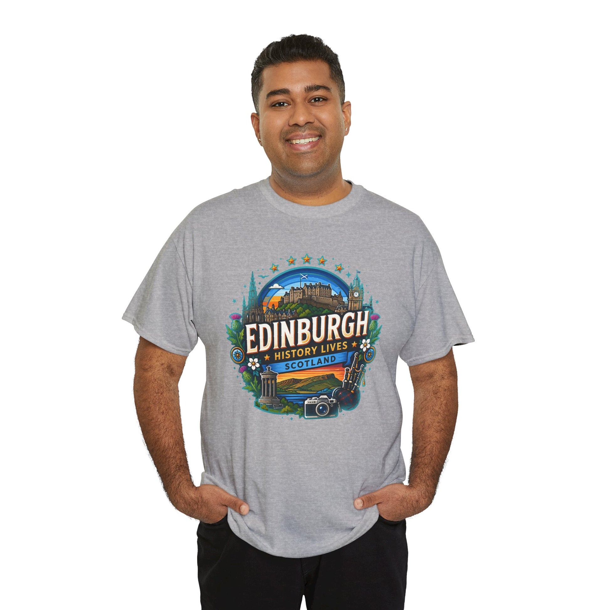 Heather gray crew-neck T-shirt with Edinburgh history lives crest graphic